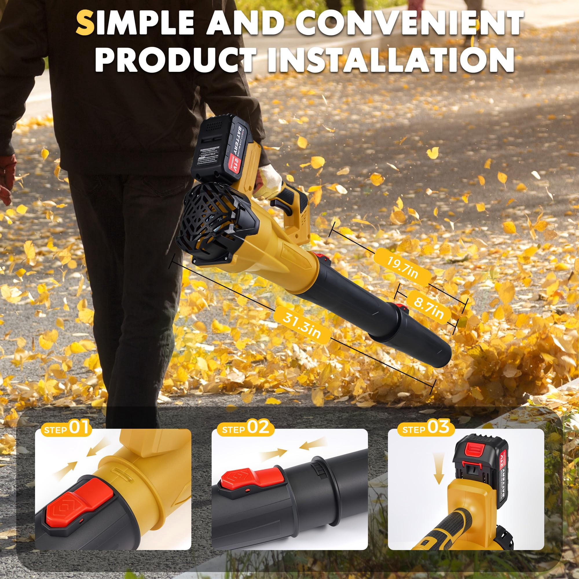 YUIRCHER 21V Cordless Leaf Blower, 200MPH Portable Battery Powered Handheld Blower for Outdoor Yard and Garden Debris Cleaning, Yellow