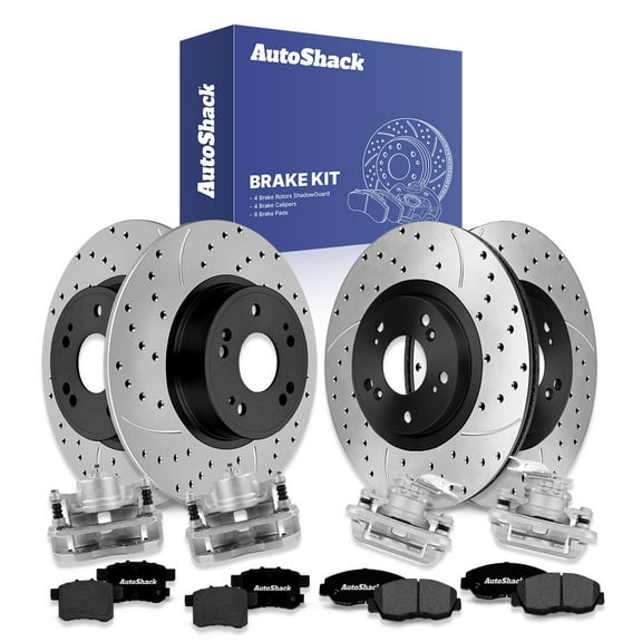 AutoShack Front Vented & Rear Solid Drilled & Slotted E-Coated Brake Rotors   Premium Ceramic Pads   Calipers 16-PC Brake Kit Replacement for 2008-2009 Honda Accord 2009-2010 Acura TSX ShadowGuard