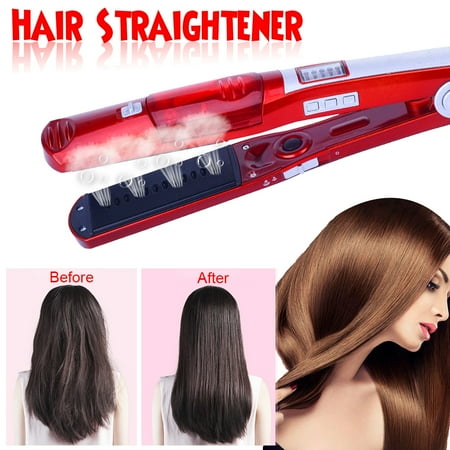 Ceramic Brush Flat Electric Steam Hair Straightener Comb - Instant Heat Ceramic Flat Iron Wand - LED Temperature Control Iron Brush - 5 Temperature Modes Adjustment - For Dry & Wet Hair ()