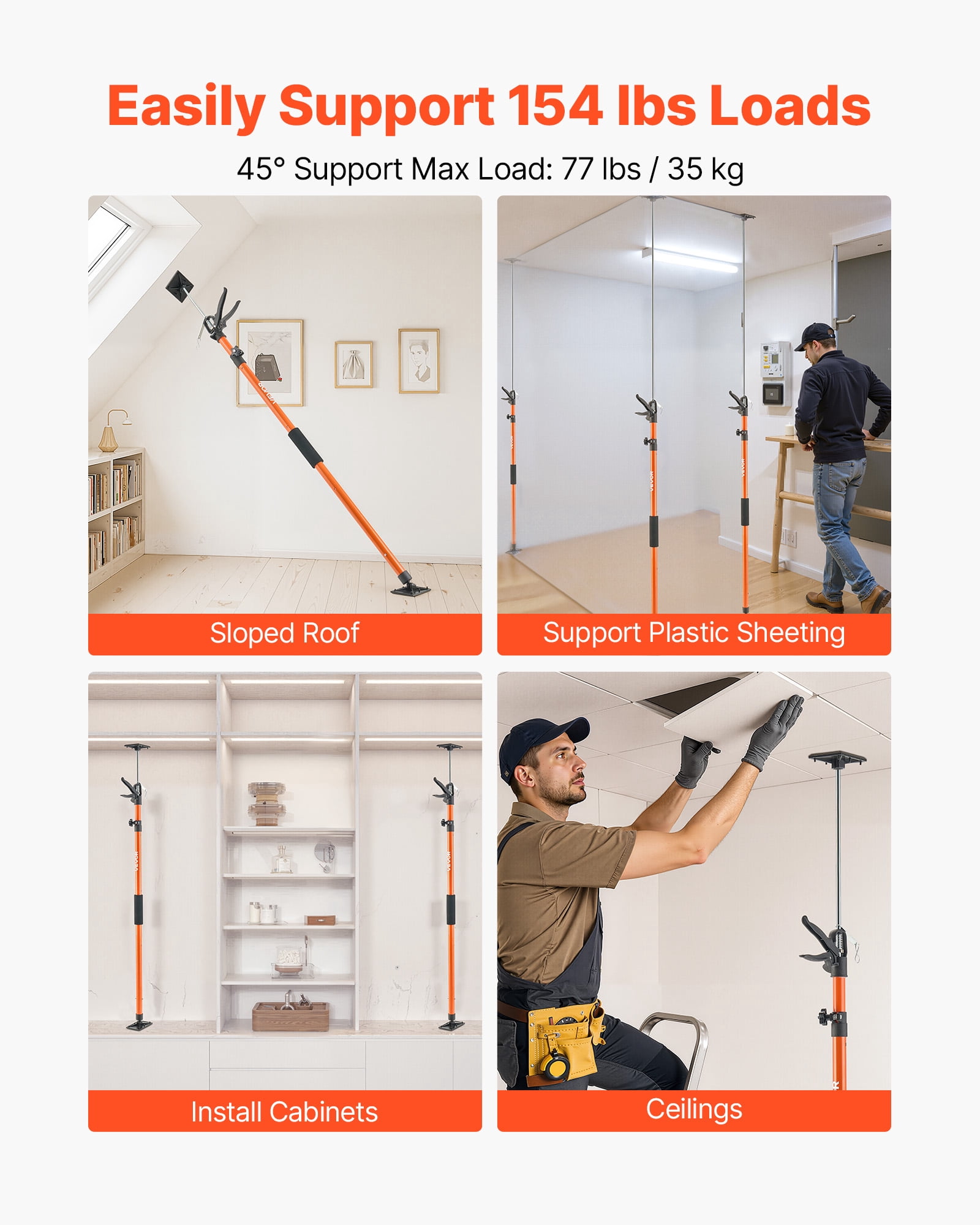 VEVOR Cabinet Jack Support Pole, 2-Pack, 45.7-114.2 Inch Steel Telescopic Quick Support Rod, Adjustable 3rd Hand System up to 154 lbs Capacity for Installing Cabinets, Lifting Drywall, Cargo Bars