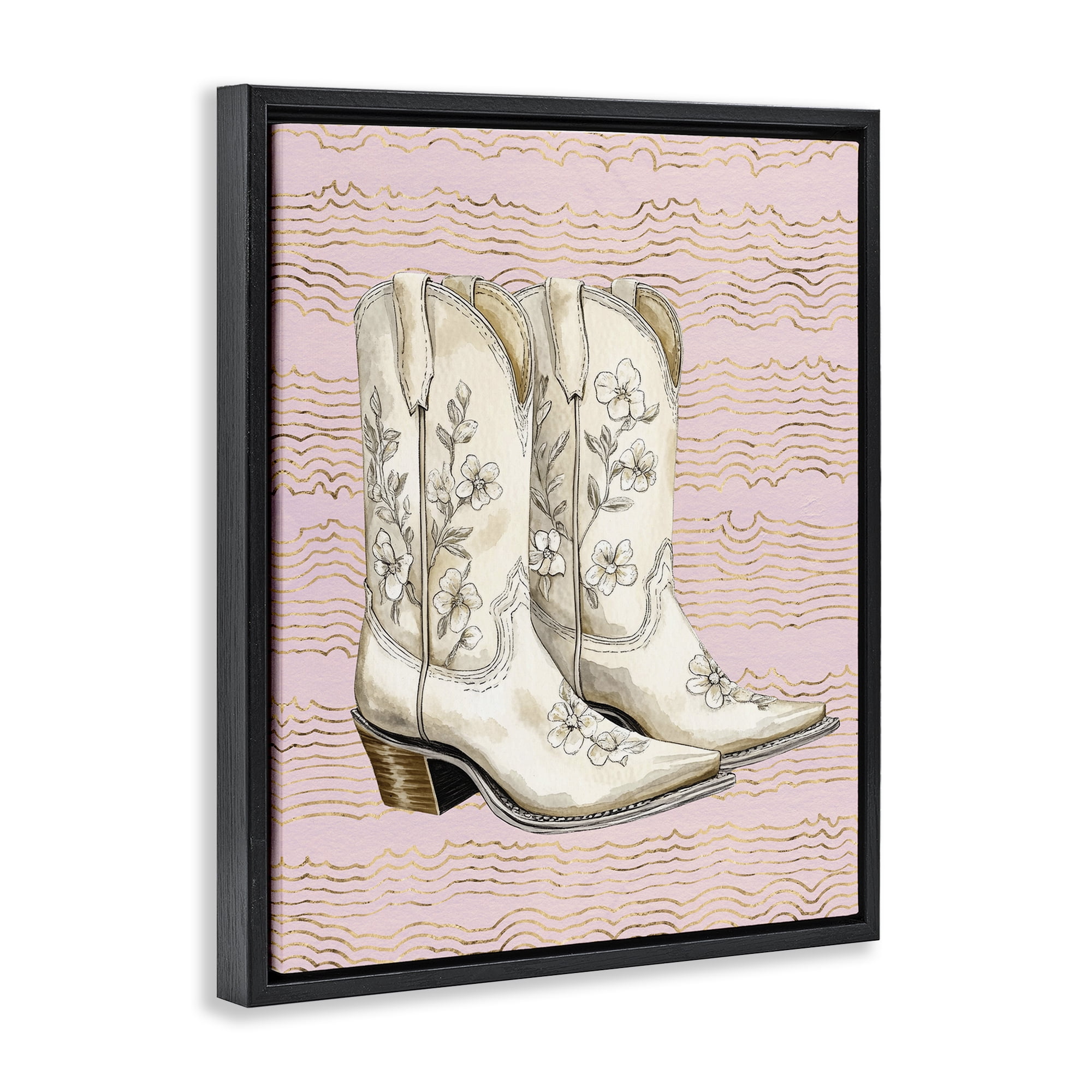 Stupell Industries Cowgirl Boots in White Plants & Flowers Painting Black Floater Framed Canvas Art Print Wall Art, 17 x 21