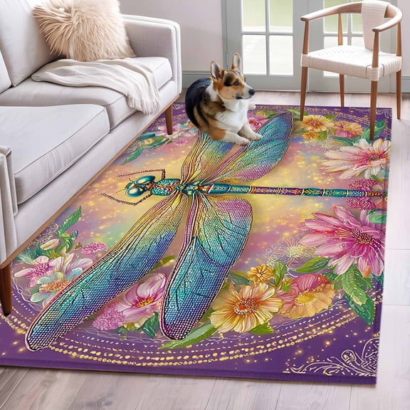 Area Rug for Living Room, Purple Dragonfly Non-Slip Indoor Large Carpet for Bedroom/Dining Room, Colorful Flowers Watercolor Chic Floral Plant Washable Low-Profile Floor Mat Runner Rugs - 3 x 5 Ft