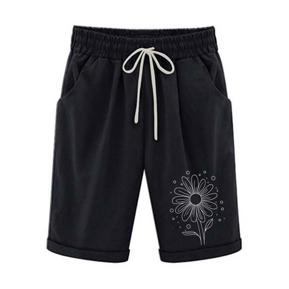 Htigea Linen Bermuda Shorts for Women Drawstring Elastic Waist Knee Length Shorts Casual Summer Beach Short with Pockets Black S