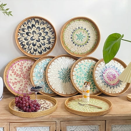 

Rattan Tray with Mother of Pearl Inlay Wooden Base Serving Basket for Breakfast Food Round Tray as Coffee Table Decor Mother of Pearl Decoration Storage and Display
