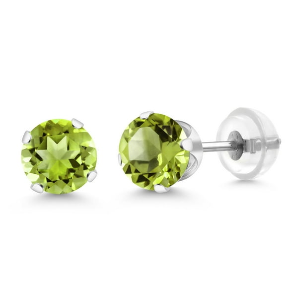 Gem Stone King 10K White Gold Peridot Stud Earrings for Women Men (2.00 Cttw, Gemstone Birthstone, Round 6MM)