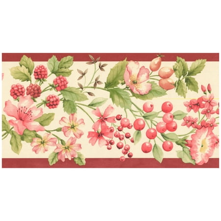 Prepasted Wallpaper Border - Red Pink Orange Berries Flowers Rose Hips Floral Wall Border Retro Design, Roll 15 ft. x 5