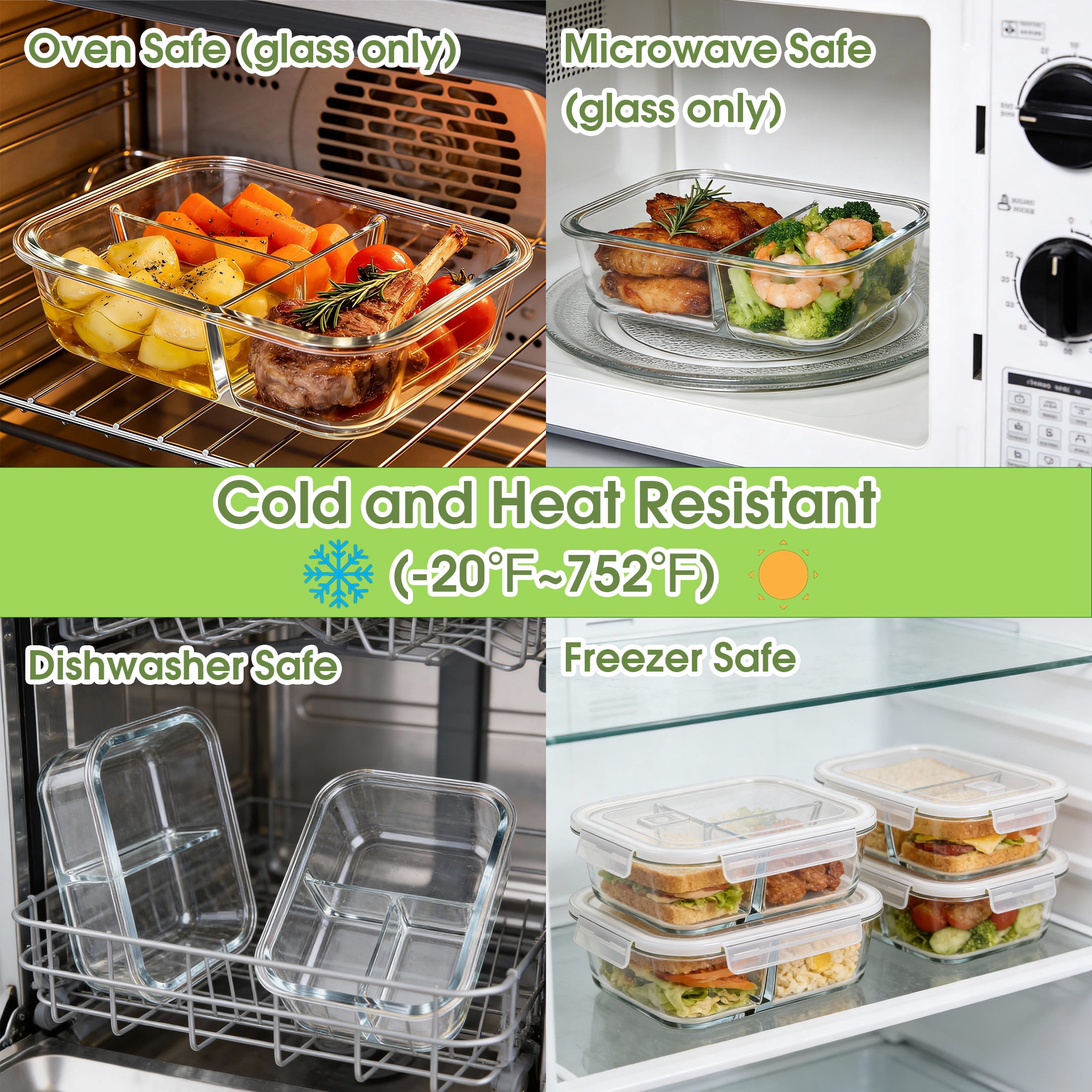 GARITIN 4 Pack Glass Food Storage Containers with Dividers, 8-Piece Meal Prep Containers with Lids, Leak-Proof Bento Lunch Boxes, Microwave, Oven, Dishwasher & Freezer Safe, Glass Tupperware