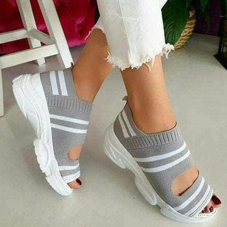 

VKEKIEO Round Toe Wedge Sandals For Women Flat Heel Platform Gray