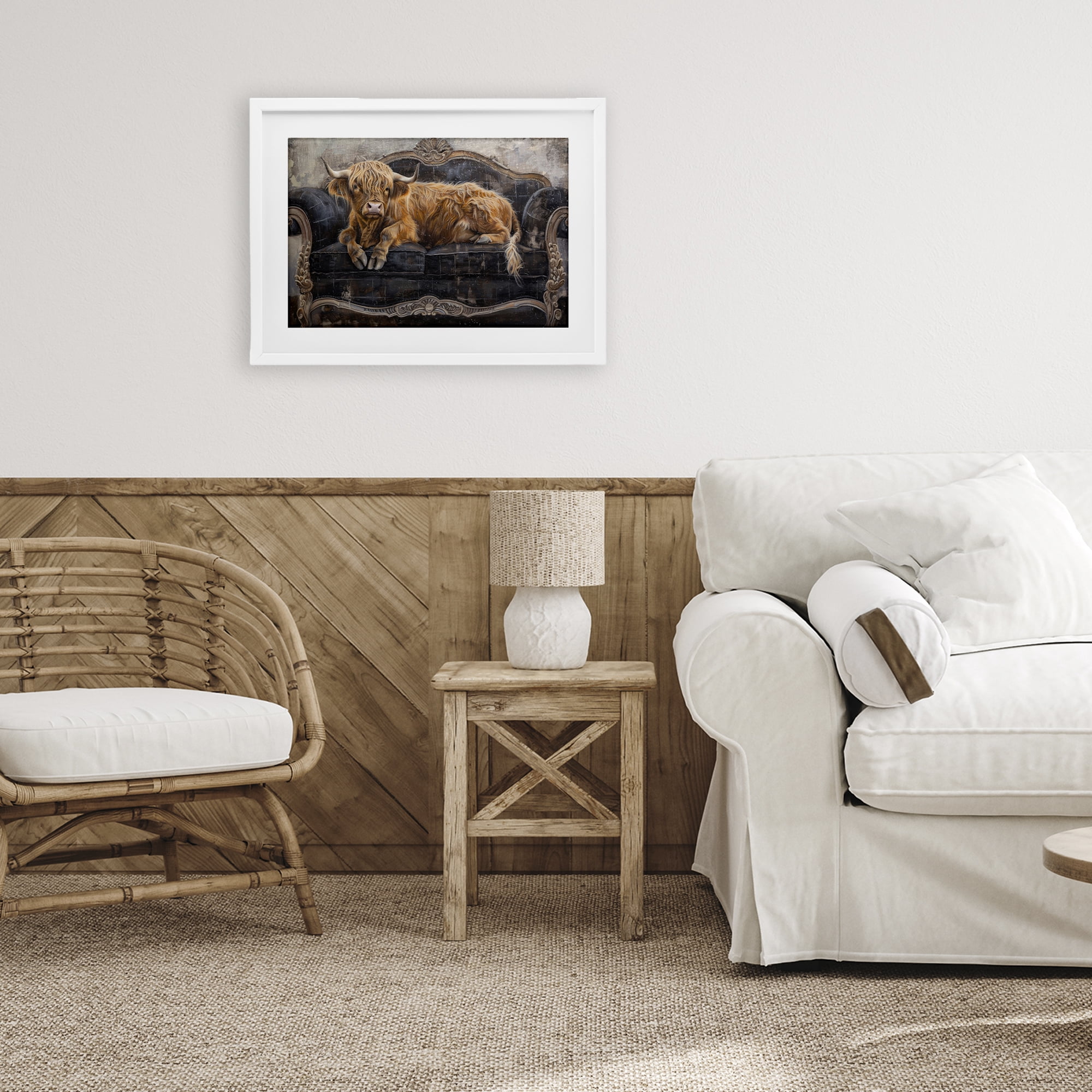 Stupell Industries Cozy Couch Highland Cow White Framed Print Under Glass, design by Tina LeCour