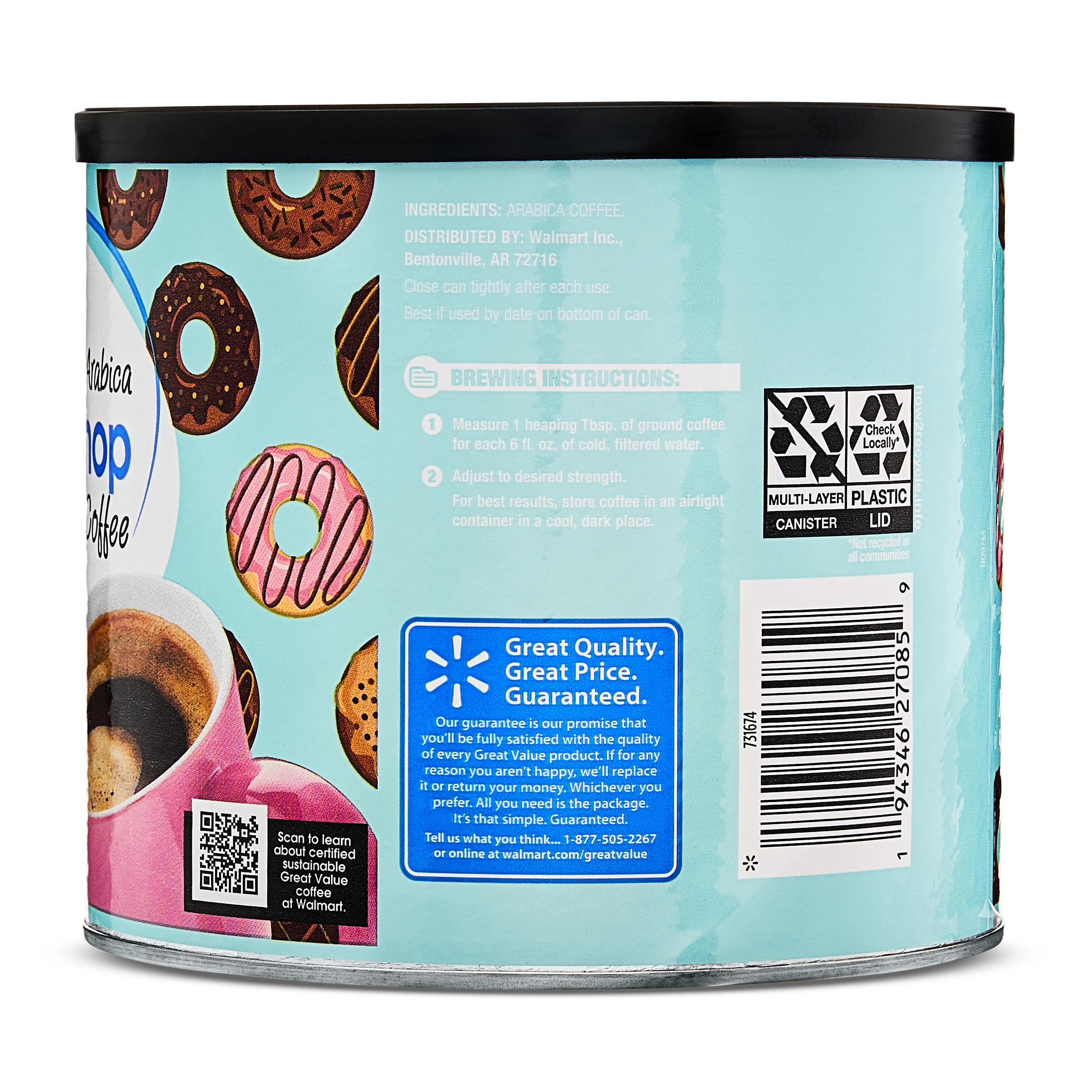 Great Value Donut Shop 100% Arabica Medium Roast Ground Coffee, Naturally Caffeinated, 25.9 oz