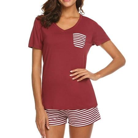 Efsteb Womens Summer Pajamas Sets Solid Color V-Neck Short Sleeve Tops Shorts Two Piece Set Loose Casual Pajama Sets Sleepwear Summer Home Wear Sets (Wine M)