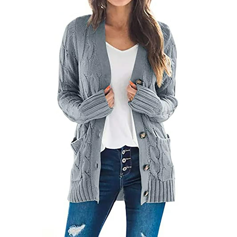 Women s Cable Knit Sweater Button Down Knitwear Chunky Open Front Cardigan Outwear Cardigan Sweaters for Women