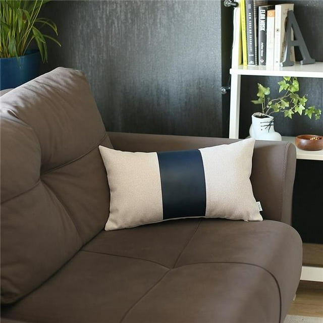 HomeRoots 399590 White Base & Navy Center Lumbar Throw Pillow, Multi Color
