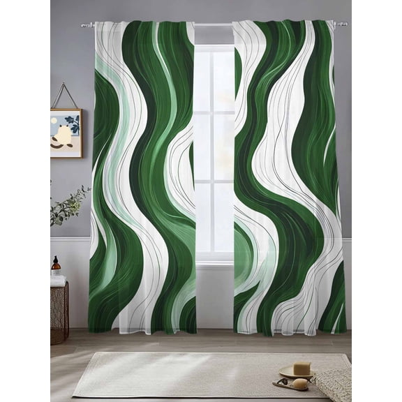 Abstract Sheer Curtains 84 Inches Long 2 Panels Wavy Lines Green and White Gradient Texture Modern Light Filtering Semi Sheer Window Curtains Drapes for Bedroom Living Room 52"x84"