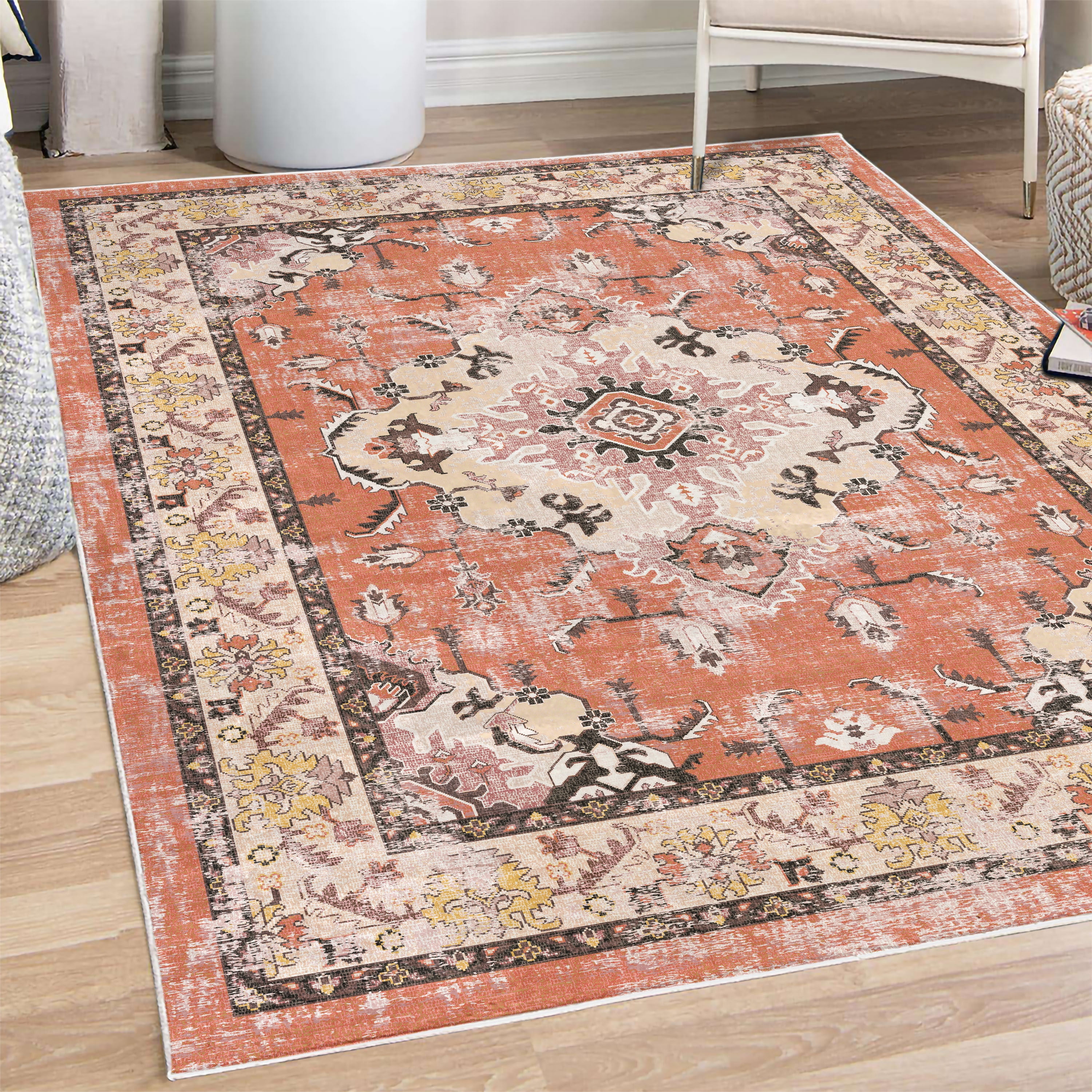 Nostalgic Rug Design Vintage Decorative Rug, Grunge Floral Artwork Retro Oriental Feels ...