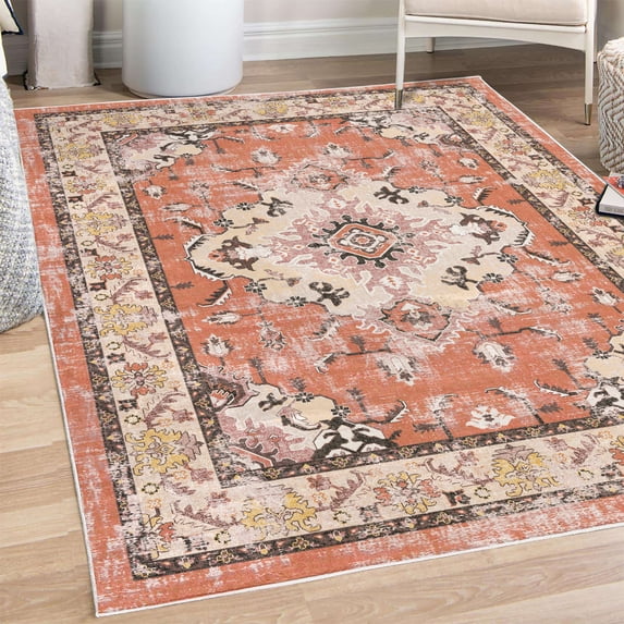 Vintage Decorative Rug, Grunge Floral Artwork Retro Oriental Feels Nostalgic Tulip Details Print, Quality Carpet for Bedroom Dorm and Living Room, 6 Sizes, Salmon and Dark Grey, by Ambesonne