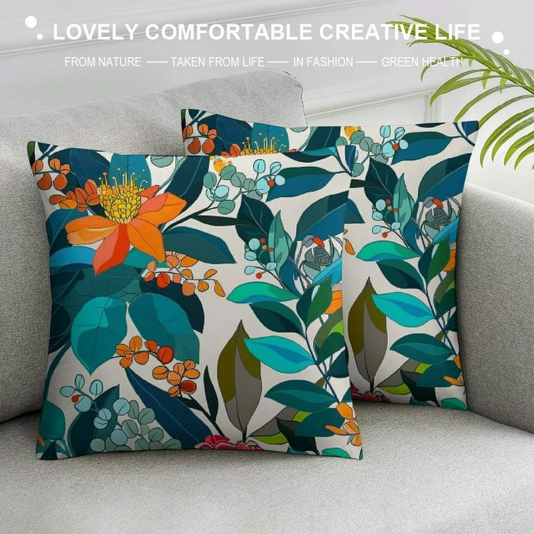 JRXY Teal Coral Floral Pillow Covers Turquoise Green Leaves Orange