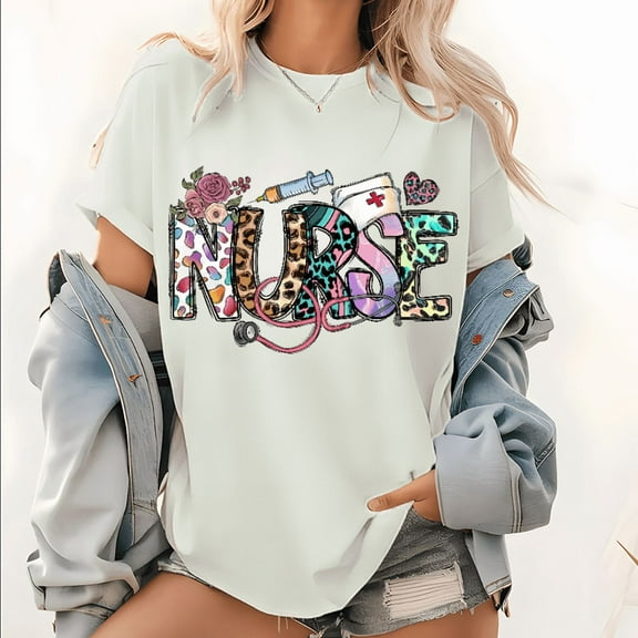 White Floral Leopard Nurse Medical Graphic Tees Print Tshirt Women Shirts S-5XL Cotton Casual Tops