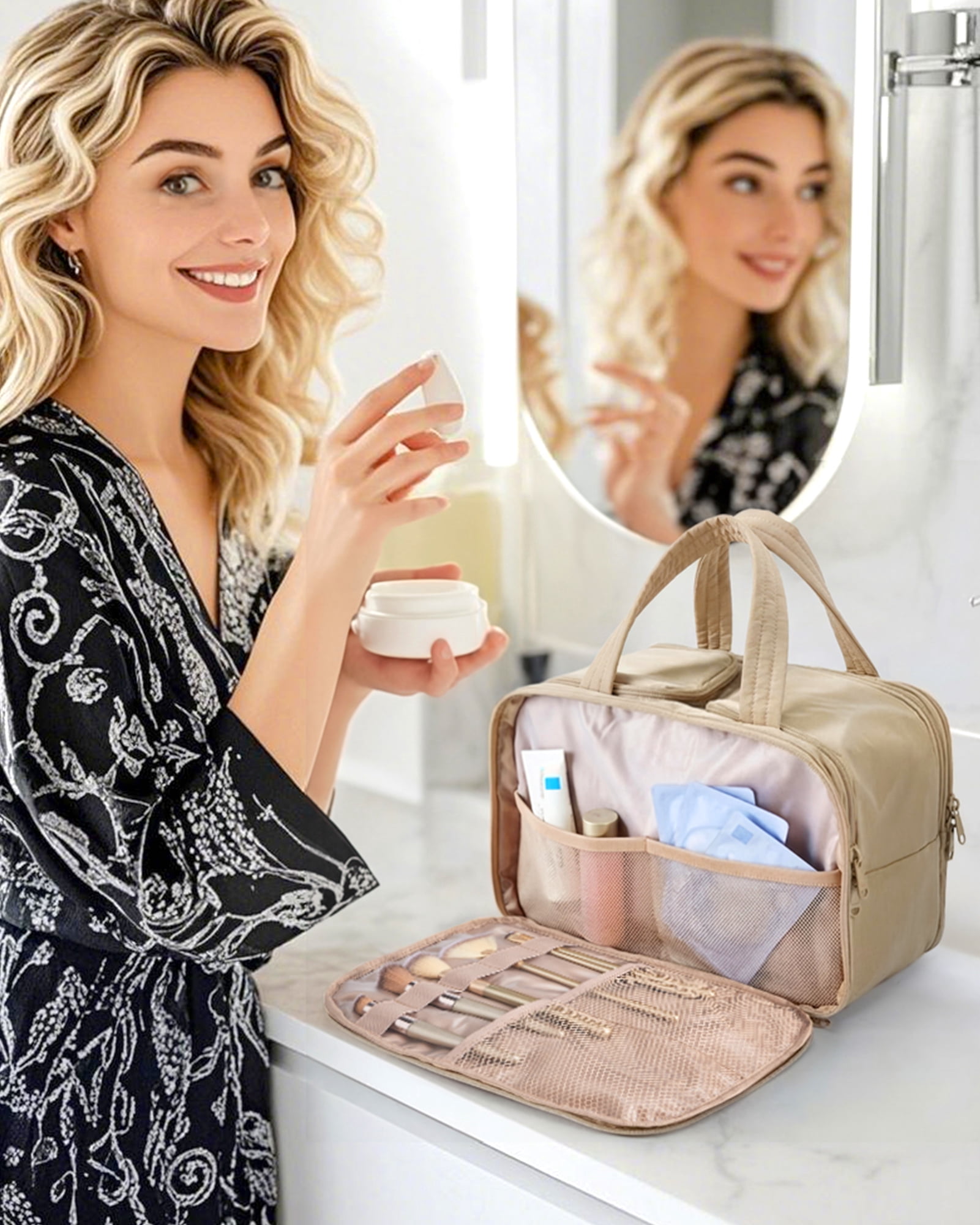 BAGSMART Travel Toiletry Bag, Puffy Large Toiletry Bag for Women, Lightweight Cosmetic Makeup Bag Organizer with Handle for Traveling, Accessories, Essentials, Toiletries, Camel