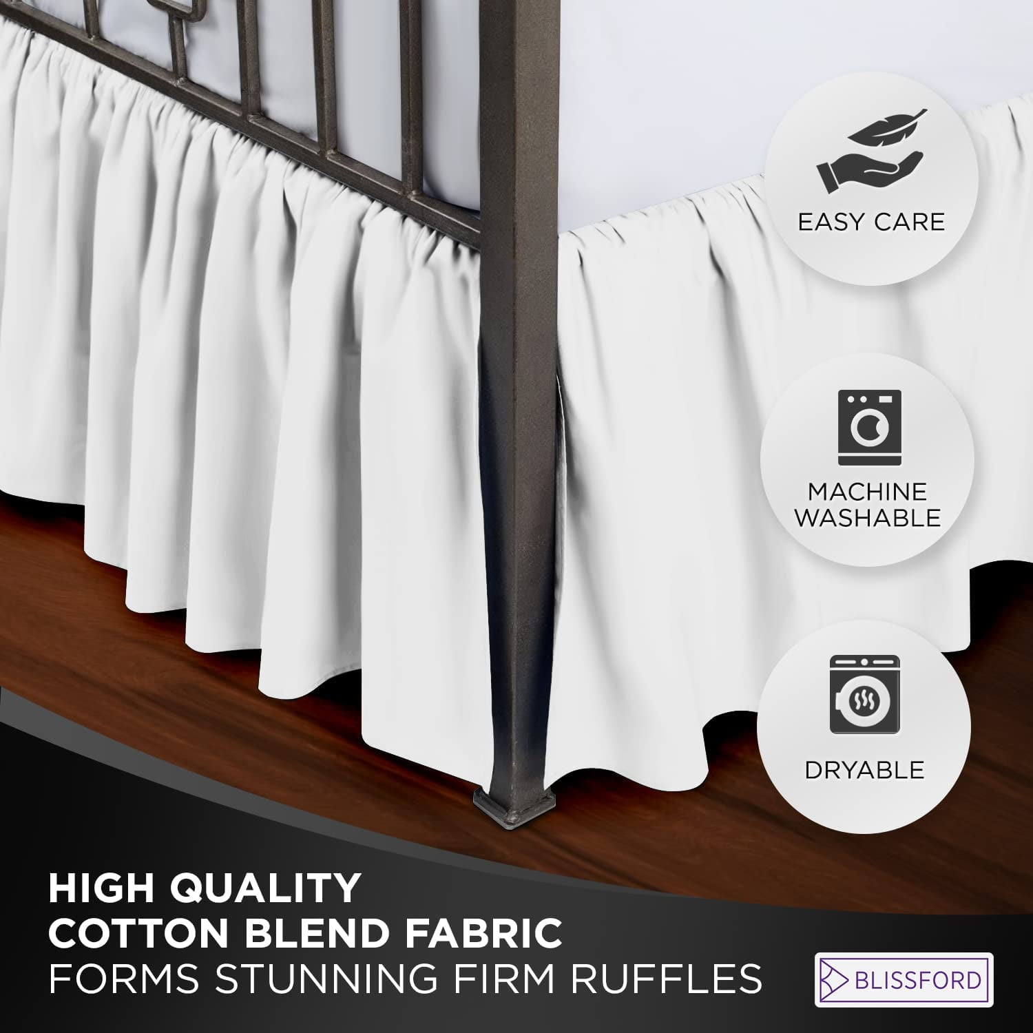 Ruffled Bed Skirt with Split Corners - Queen, White, 14 Inch Drop Cotton Blend Bedskirt - Blissford Dust Ruffle