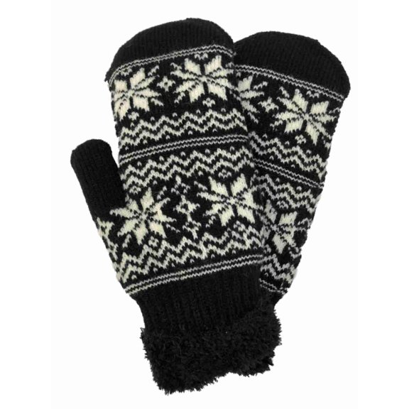David & Young Womens Black & White Snowflake Knit Mittens Sherpa Lined