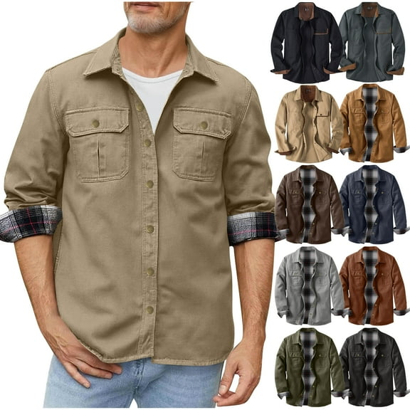 DDAPJ pyju Mens Plaid Lined Shirt Jacket Vintage Cargo Jacket Big and Tall Military Lapel Jacket Western Work Shirt Jackets with Pockets Brown XXXL
