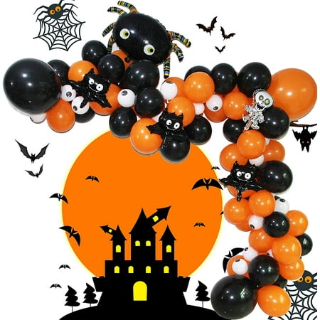 Eanjia Halloween Balloons Garland Kit DIY Balloon Arch Kit 5-18" Latex Balloons ,Big Spider Mini Skull,Bat Foil Balloons 16ft Stipe Tape Clear Glue Dot for Halloween Party Decor (Holloween)