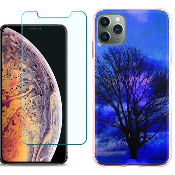For Apple iPhone 11 Pro Max Case , Slim-Fit TPU Protective Phone Case (Pink Bezel) with Tempered Glass Screen Protector, by OneToughShield ® - Night Tree
