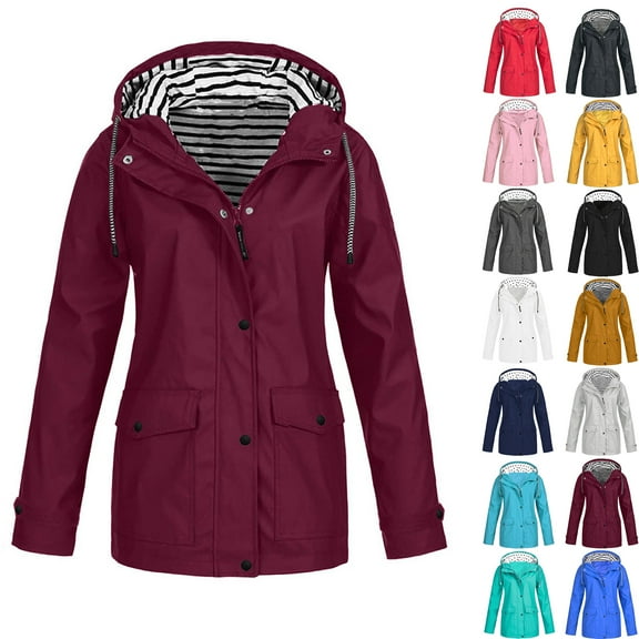 Plus Size Windproof Jackets for Women Fashion Solid Color Outdoor Plus Size Hooded Raincoat Windproof