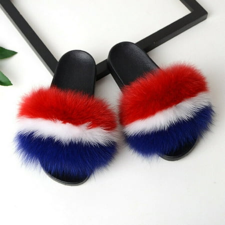

Ameiqe Luxury Large Fluffy PU Leather Grass Women Slippers Shoes Non-slip Flat Slides Sandal(Red White Blue 250mm)
