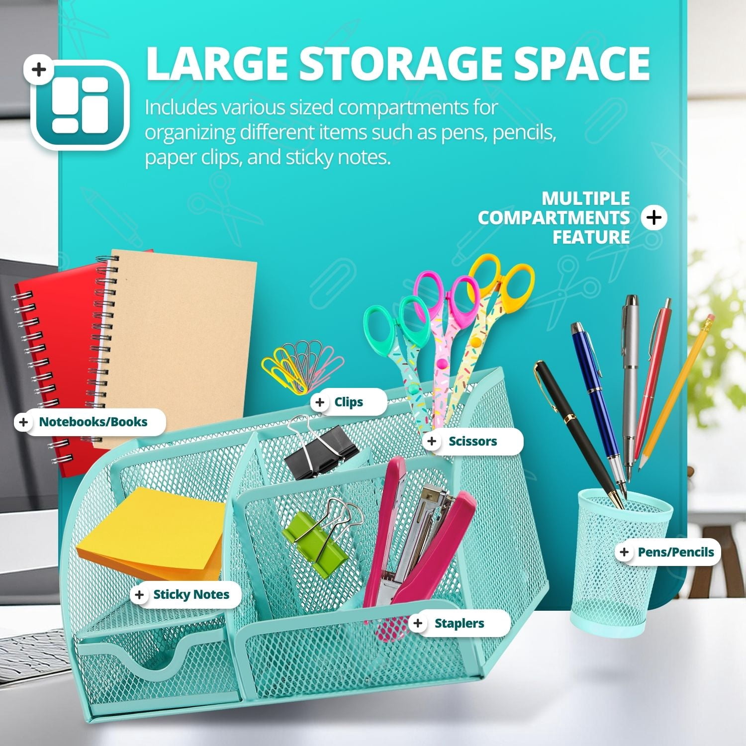 Desk Organizer Office Supplies Accessories Desktop Tabletop Sorter Shelf Pencil Holder Caddy Set - Metal Mesh with Drawer and 6 Compartments (Turquoise Aqua Blue)