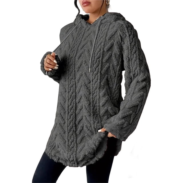 Sudadera con Capucha de Jacquard de Larga en Color Liso para Mujer, Chaqueta Ajustada con Cordón de Felpa. Gris L