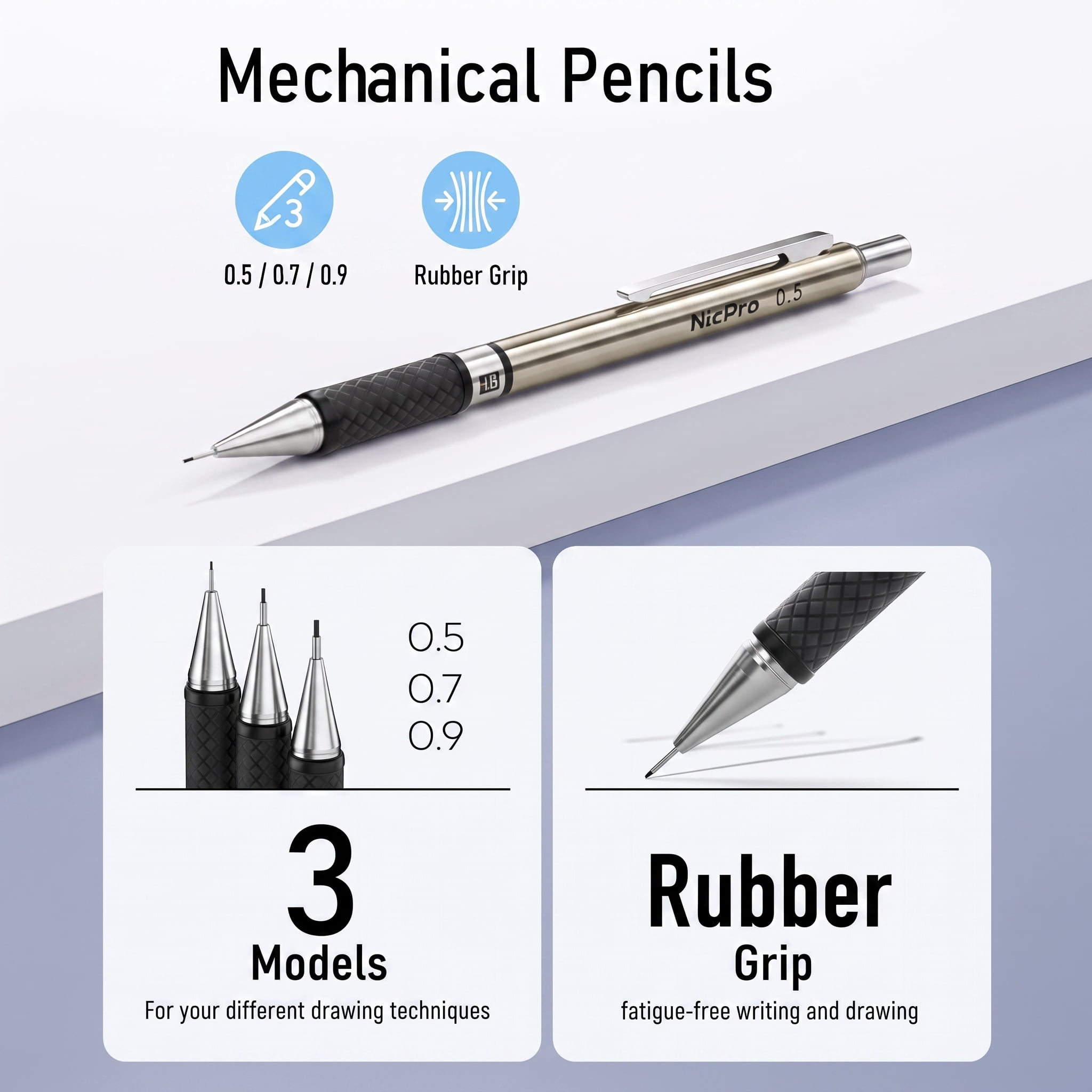 Nicpro 6PCS Art Mechanical Pencil Set, 3PCS Metal Drafting Pencil 0.5 mm & 0.7 mm & 0.9 mm & 3PCS 2mm Graphite Lead Holder (2B HB 2H) with Lead Refills Case