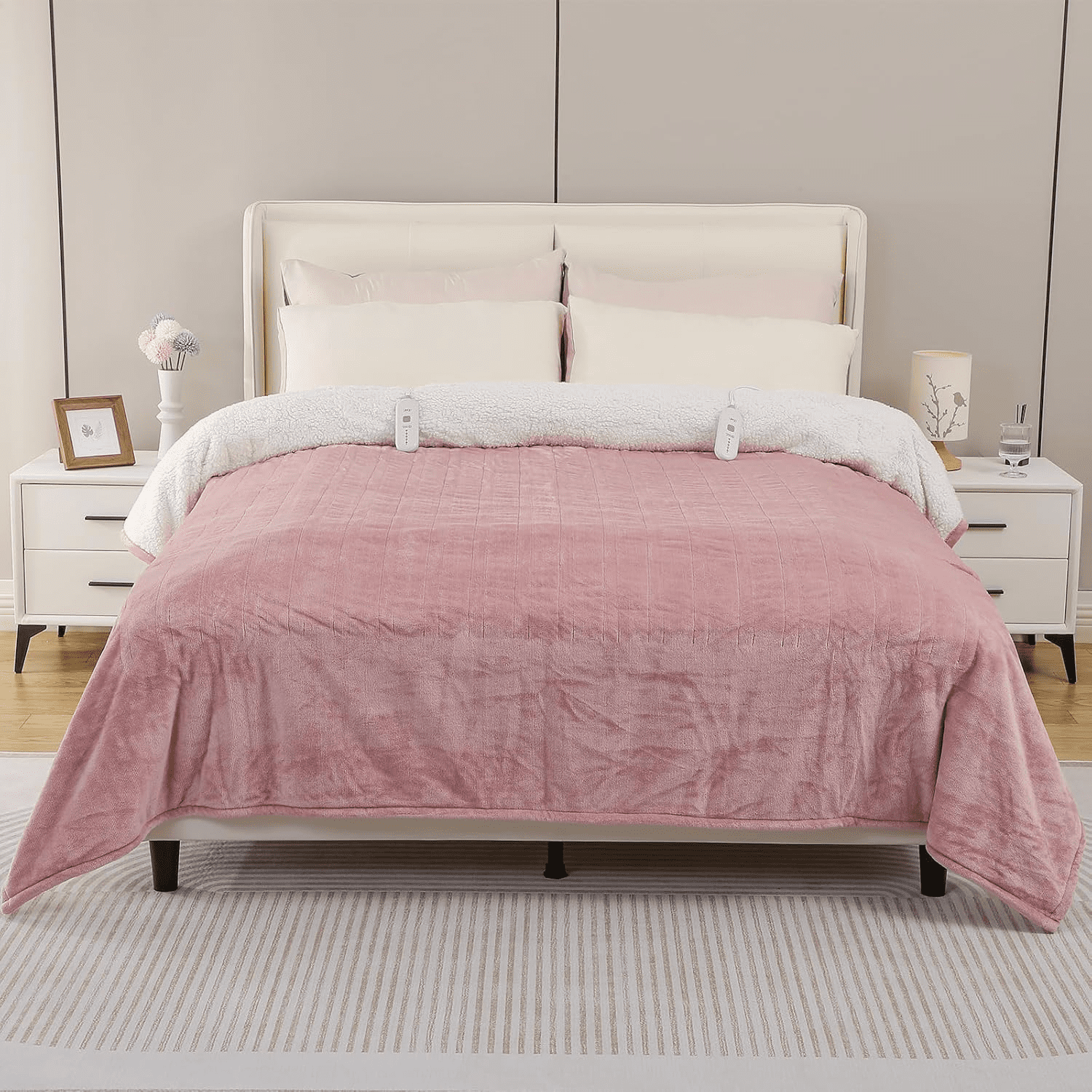 Dowin Pink Heated Blanket King Size - Electric Blankets with Dual Control, 5 Heating Levels, 10 Hrs Auto Off, Sherpa Flannel Warming Blanket for Bed, Machine Washable, 90×100"