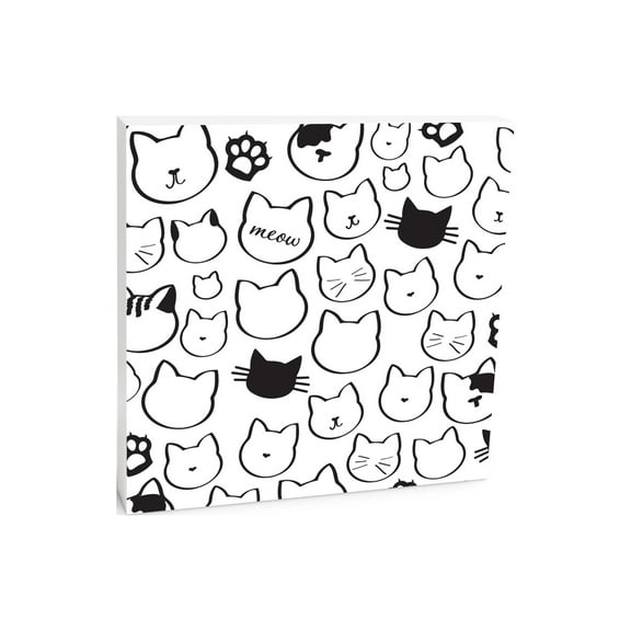 Meow White Cat Faces Paws 10 x 10 Wood Tabletop Sign Plaque