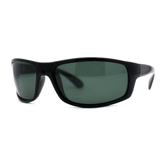 Polarized Mens True Classic Wrap Around Biker Style Sport Sunglasses Shiny Black Green