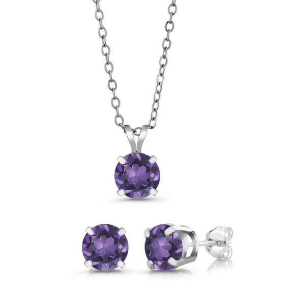 Gem Stone King 2.10 Cttw Round 6MM Purple Amethyst Gemstone Birthstone 925 Sterling Silver Stud Pendant and Earrings Jewelry Set with 18 inches Silver Chain