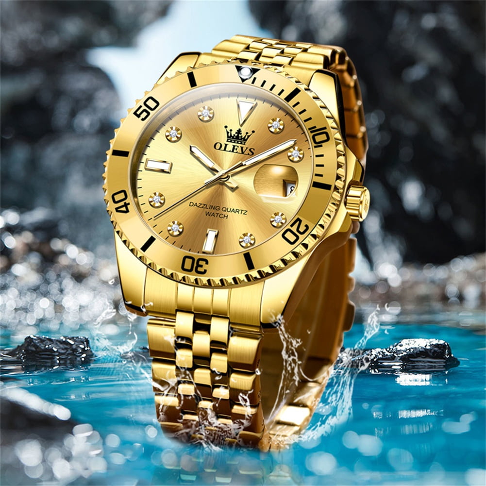 OLEVS Watch for Men Stainless Steel Business Dress Luxury Diamond Big Face Waterproof Mens Watches with Date Analog Wrist Men Watch Reloj para Hombre Gold Dial