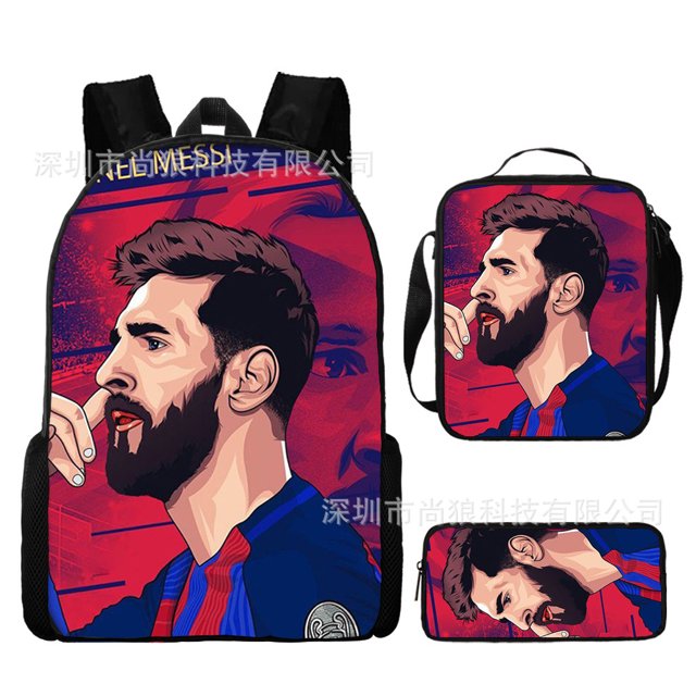Conjunto de mochila infantil de 3 piezas con diseños de jugadores de fútbol para el colegio.