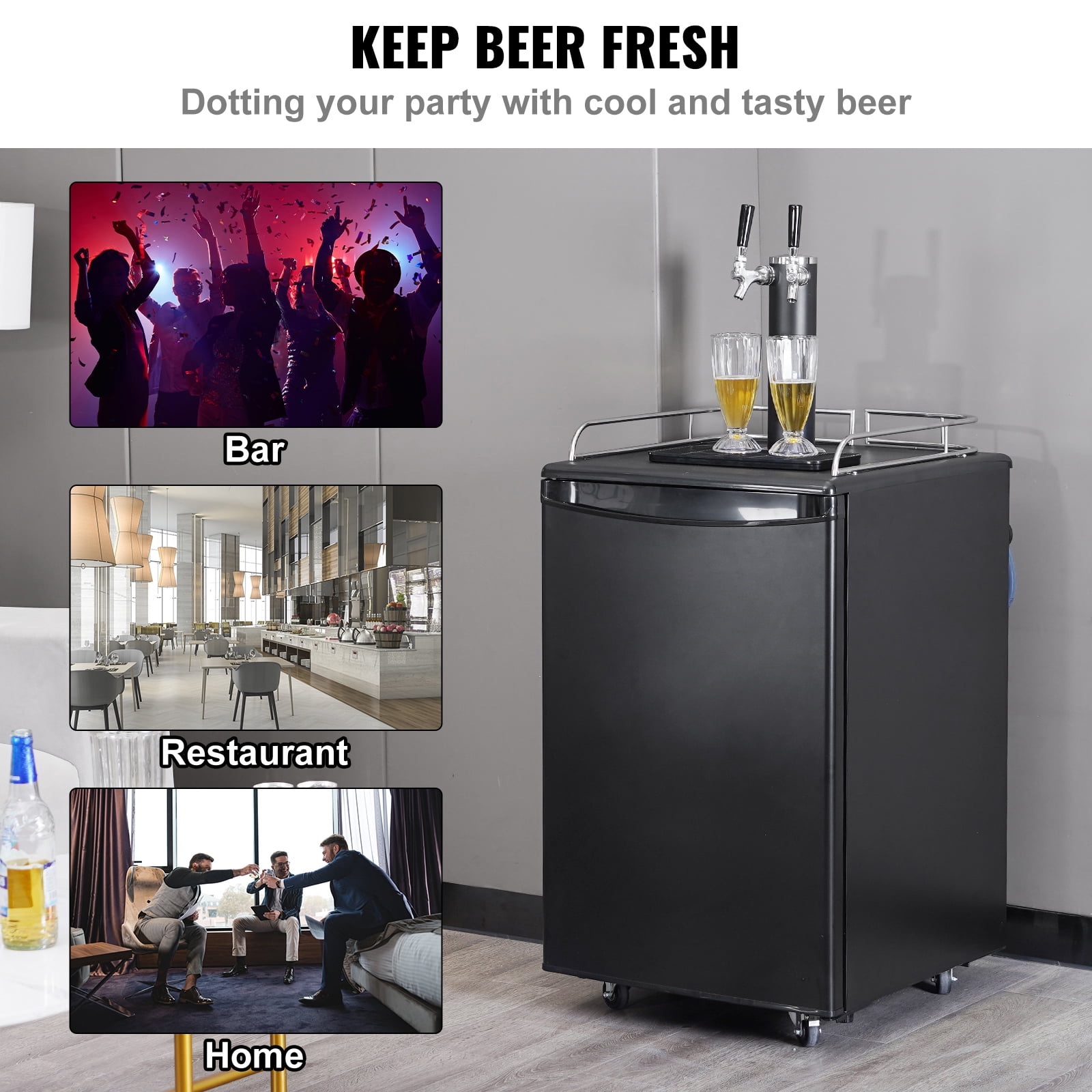KFFKFF Ale Keg Cooler, Two-Tap Brew Serving System, Comprehensive Keg Fridge with CO2 Canister, Storage Racks, Spill Collector & Guard, 32°F- 50°F Temp Regulation, Accommodates 1/6, 1/4, 1/2 Kegs