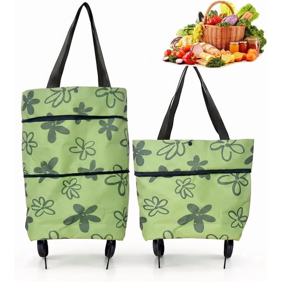 2-in-1 Foldable Shopping Cart with Wheels Grocery Shopping Tote Bag | 2in1 Foldable Shopping Cart Bag Portable Rolling Tote, Grocery Bag with Wheels for Farmers Market Laundry Travel