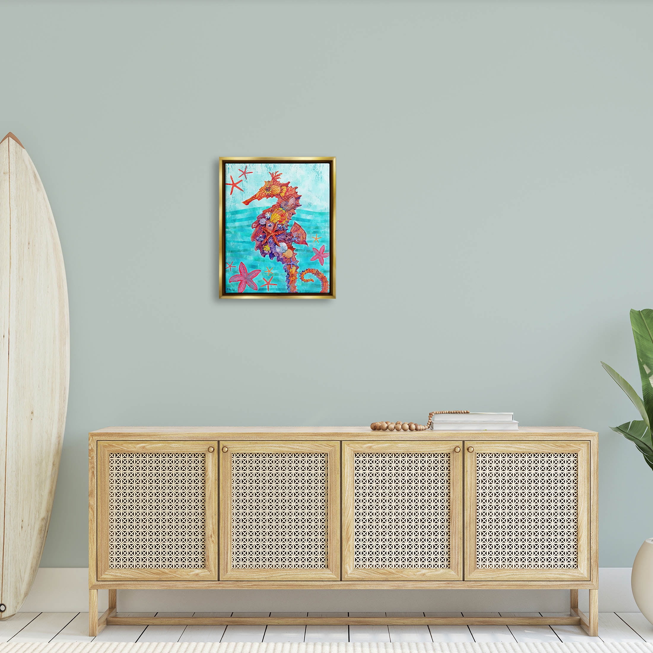 Stupell Industries Nassau Seahorse Aquatic Shell Collage Graphic Art Metallic Gold Floating Framed Canvas Print Wall Art, Design by Paul Brent