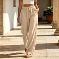 thumbnail image 2 of CBASIHI Womens Cotton Wide Leg Pants with Pockets- Casual Elegant Summer Vacation Beach Drawstring Elastic Waist Flowy Palazzo Pants Khaki Size S-3XL, 2 of 8