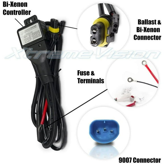XtremeVision 9007 Hi/Lo Bi-Xenon Controller HID Battery Relay Wiring Harness 12V 35W/55W