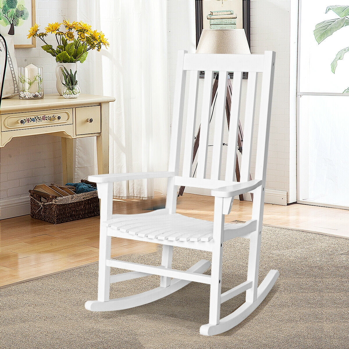 Gymax Wooden Rocking Chair, High Back Porch Rocker White