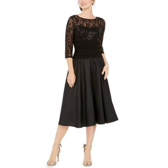Jessica Howard Womens Black Sequined 3/4 Sleeve Illusion Neckline Below the Knee Fit Flare Evening Dress Size 4P