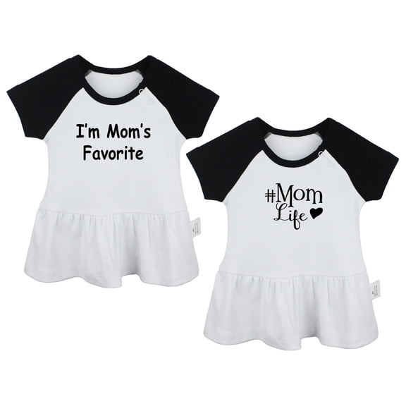 Pack of 2, Mom Life & I'm Mom's Favorite Funny Dresses For Baby, Newborn Babies Skirts, Infant Princess Dress, Toddler Frocks (Black Raglan Dresses, 0-6 Months)