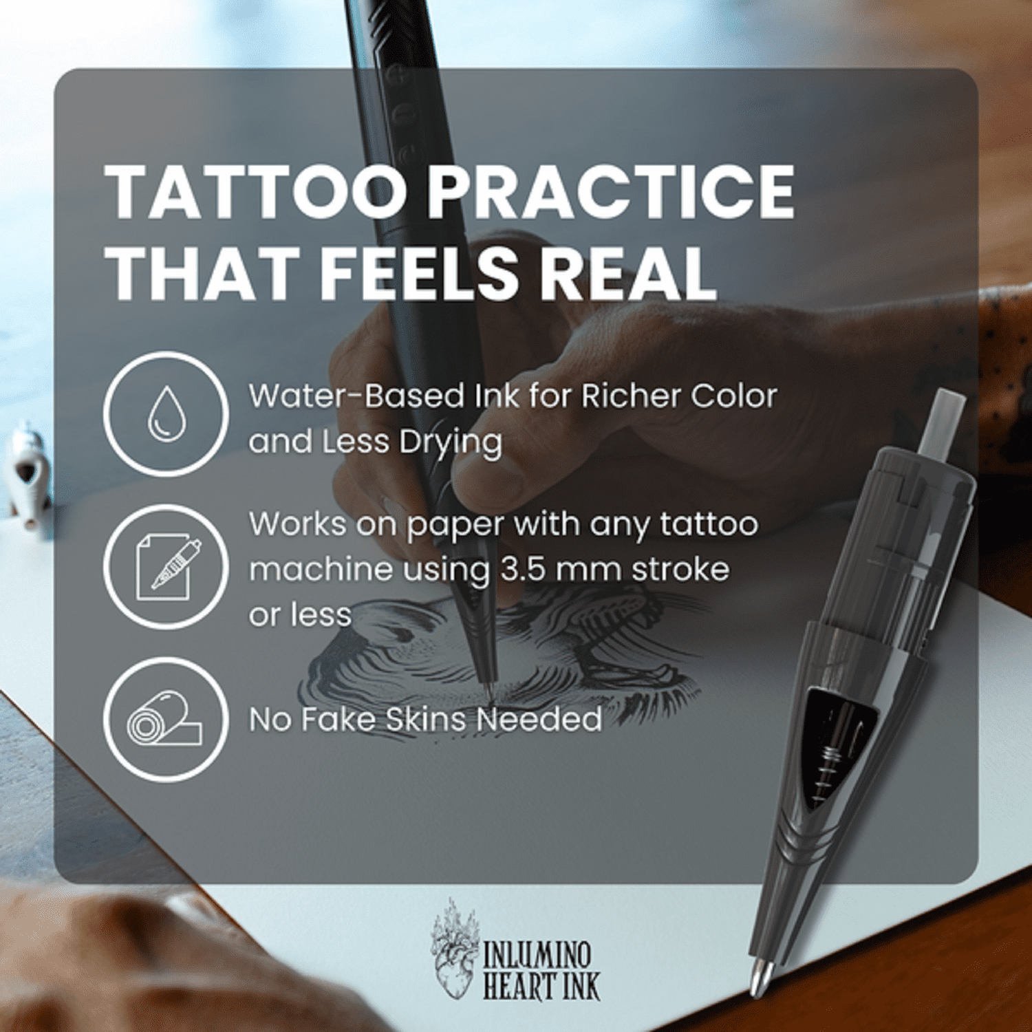 Inlumino Heart Ink Ballpoint Pen Cartridges – Saturated Black Ink (6 Pack) – Practice Cartridges for Rotary Pen – Water-Based Ink with Bold Color
