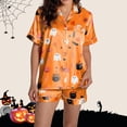 thumbnail image 6 of Orange Family Halloween Pajamas Satin Soft Short Sleeve Button Down Sleepwear Top and Shorts 2 Piece Pjs Lounge Set 2XL, 6 of 7