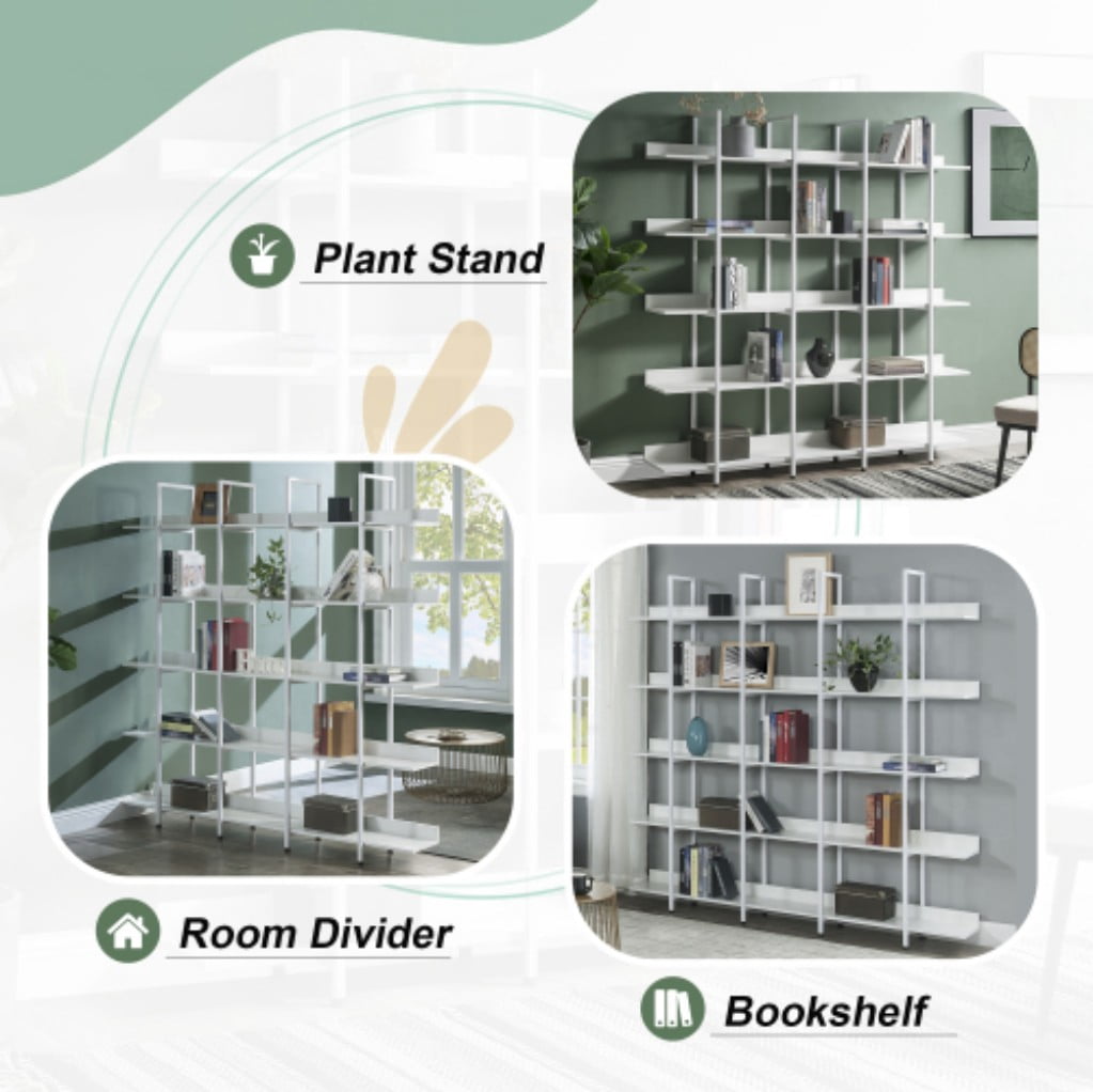 5-Tier Industrial Bookcase, Vintage Open Bookshelf with Metal Frame & MDF Shelves, 80 Lbs Per Shelf, Freestanding Display Storage Rack for Living Room & Home Office, White